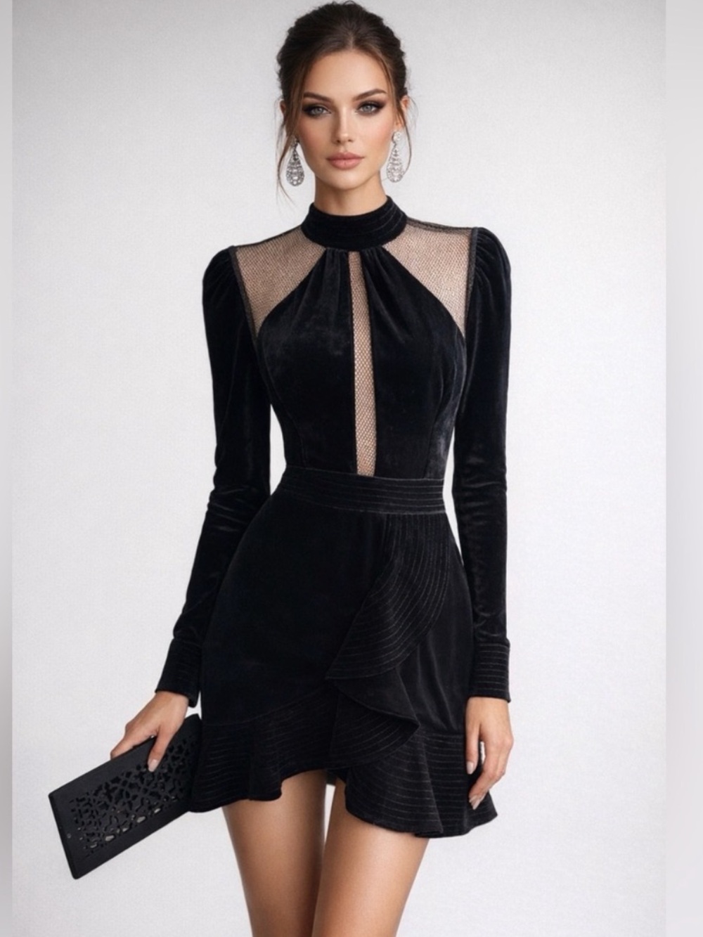 PATBO Velvet and Lurex Mini Dress in Black Size 8